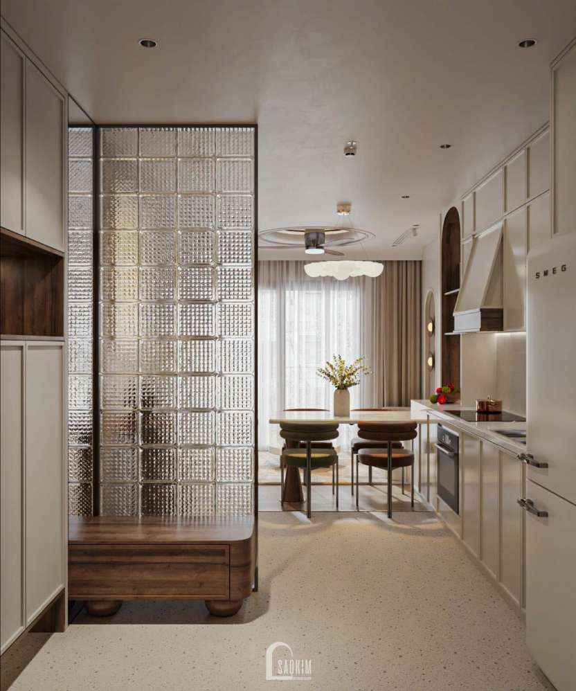 Khu vực bếp ăn tiện nghi tại thiết kế nội thất 3 ngủ Masteri Vinhomes Ocean Park 
